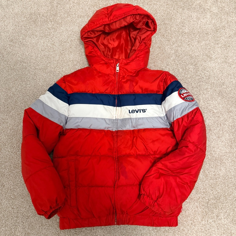 Levi's Puffer Jacket Kids M 10-12 Red Colorblock Hooded Full Zip Fleece Lined